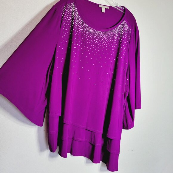 Woman Within Purple Top Plus Size 3X Flare Sleeve Layered Pullover Stretch - Picture 2 of 4